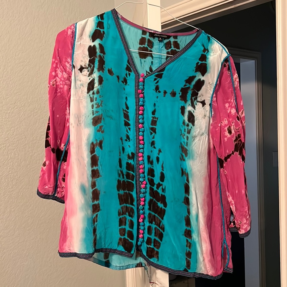 Tie-dye turquoise pink and white blouse. Size medium